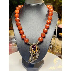 Heidi Daus Faceted Red Beaded Necklace With Ornate Rhinestone Pendant & Adjustab